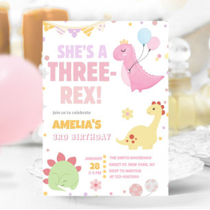 Convite Pastel Dinosaur aniversário de 3 anos Rosa Três Re