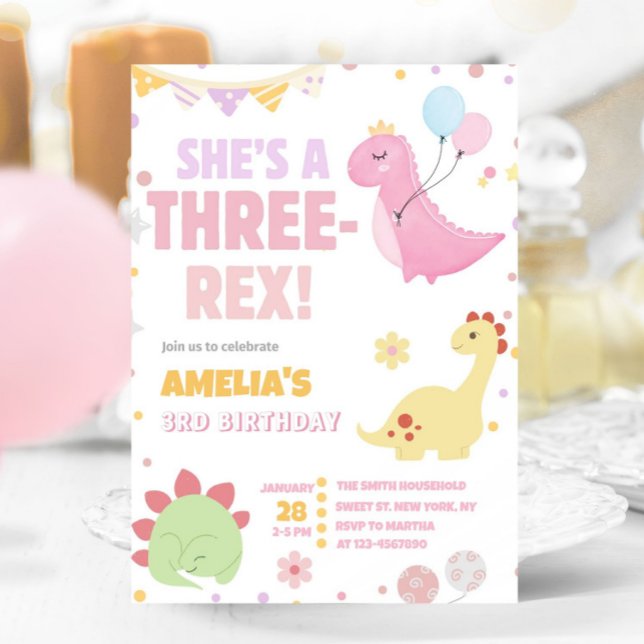 Convite Pastel Dinosaur aniversário de 3 anos Rosa Três Re (Criador carregado)
