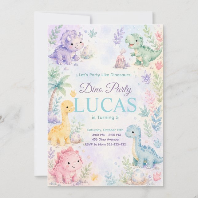 Convite Pastel Dinosaur Birthday Invitation Editable (Frente)
