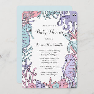 Convite Pastel do chá de fraldas da vida marinha