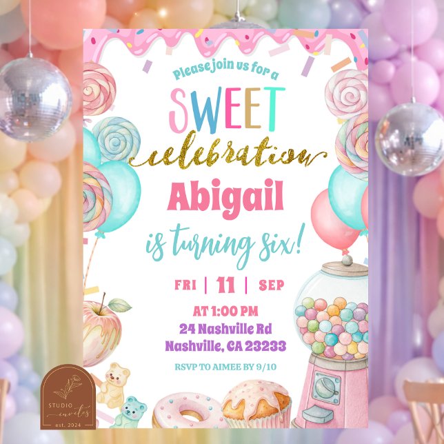 Convite  Pastel Donut Sweet Celebration Birthday party  (Criador carregado)
