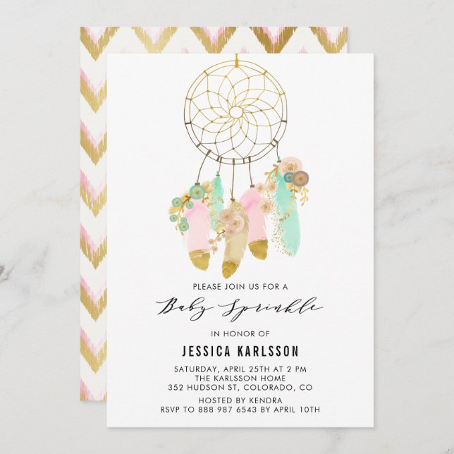 Convite Pastel Dreamcatcher Faux Gold Foil Baby Sprinkle (Frente/Verso)