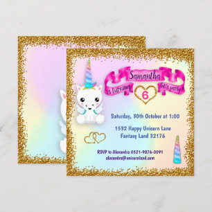 Convite Pastel e aniversário Dourado do unicórnio do