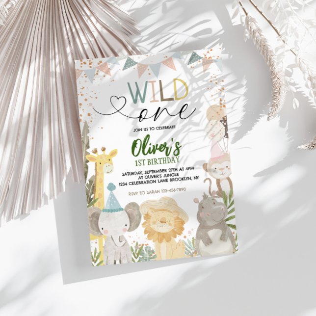 Convite Pastel Earthy Safari Wild One primeiro aniversario (Criador carregado)