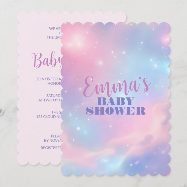 Convite Pastel Etéreo Rosa Azul Galáxia Cósmica Estrelada (Frente/Verso)