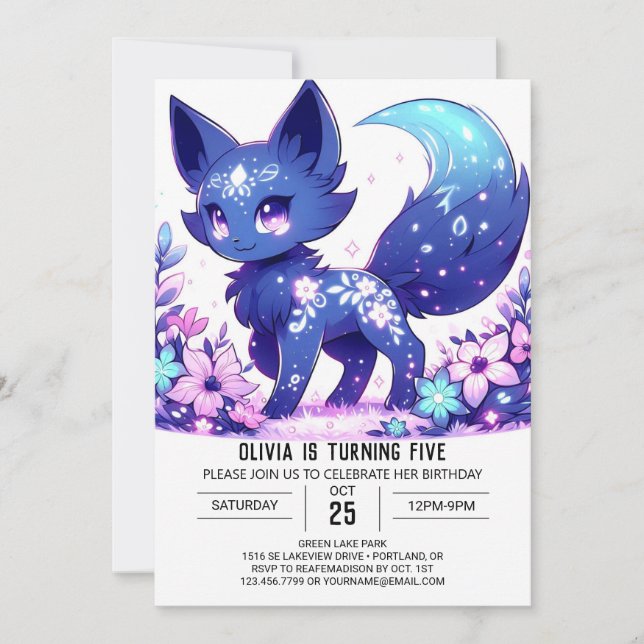 Convite Pastel Fantasy Fox Digital Birthday (Frente)