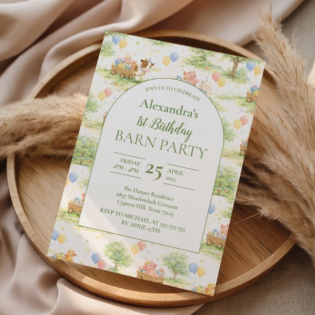 Convite Pastel Farm Animals Barn Party 1st Birthday (Criador carregado)