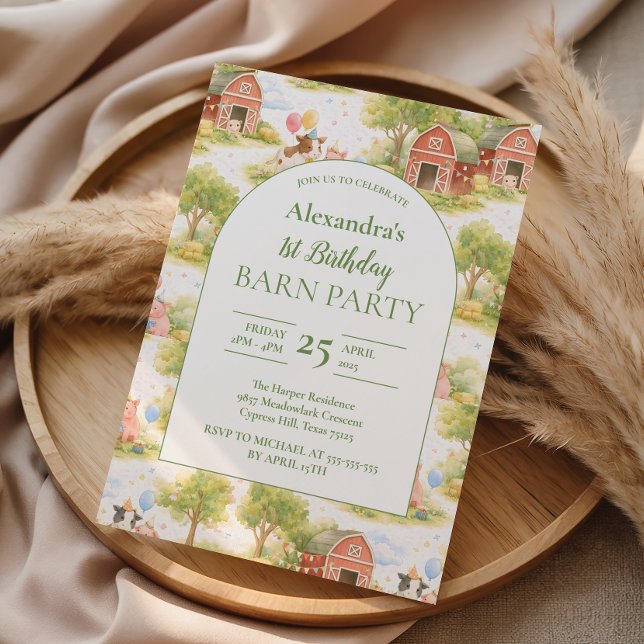 Convite Pastel Farm Animals Barnyard 1st Birthday (Criador carregado)