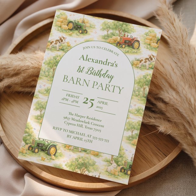 Convite Pastel Farm Tractor Barnyard 1st Birthday (Criador carregado)