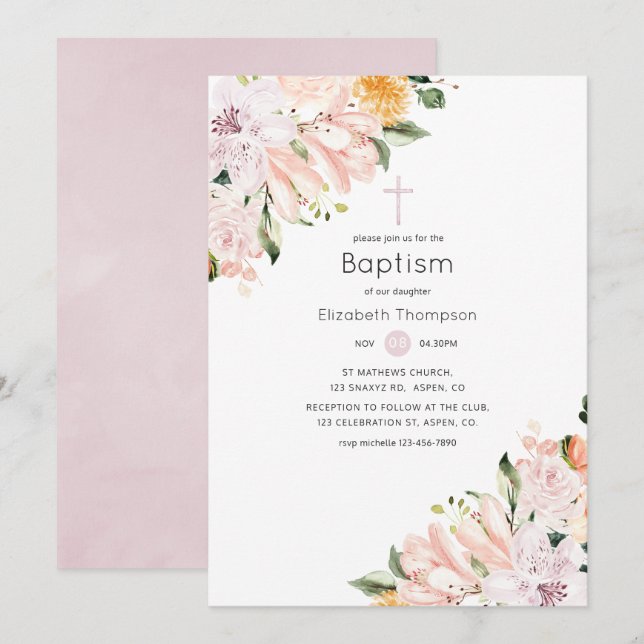 Convite Pastel Floral Baptism (Frente/Verso)