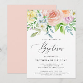 Convite Pastel Floral Coral Peach Baby Girl Baptism