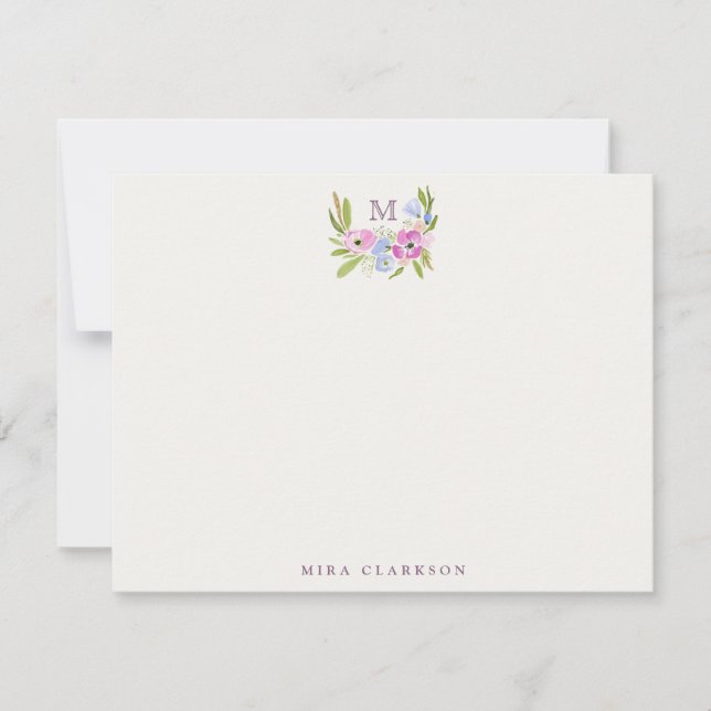Convite Pastel Floral Monogram Note Card (Frente)
