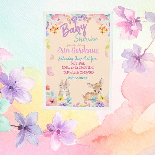 Convite Pastel Floral Woodland Baby Shower (Criador carregado)