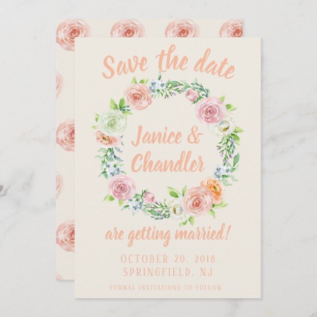 Convite Pastel Floral Wreath Salvar a Data (Frente/Verso)