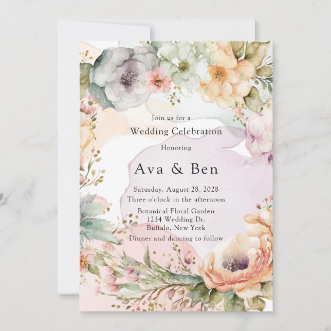 Convite Pastel Florals e Casamento com Tinta Álcool (Frente)