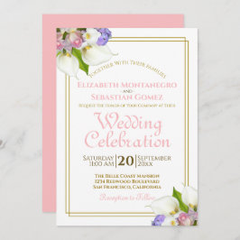 Convite Pastel Flores Elegantes, Casamento Dourado e Rosa