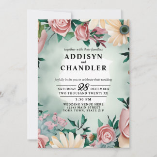 Convite Pastel Flower Elegance: Casamento Floral Verde Sag