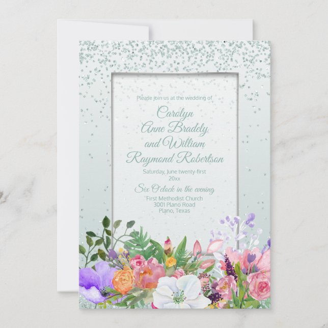Convite Pastel Garden Glittery Mint Wedding Invitati (Frente)