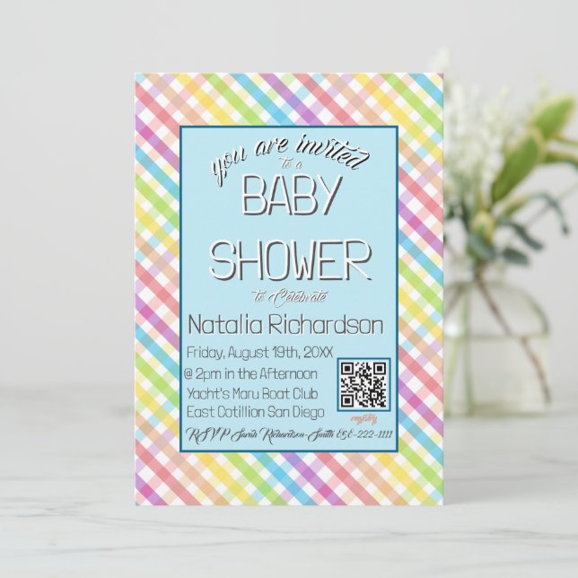 Convite Pastel Gingham Rainbow Baby Shower Blue (Em pé/Frente)