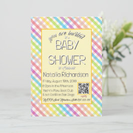 Convite Pastel Gingham Rainbow Baby Shower Yellow