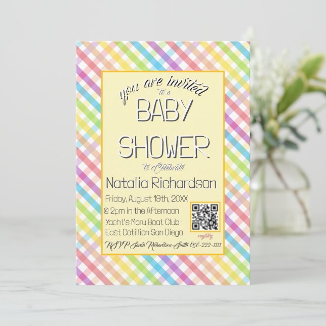 Convite Pastel Gingham Rainbow Baby Shower Yellow (Em pé/Frente)