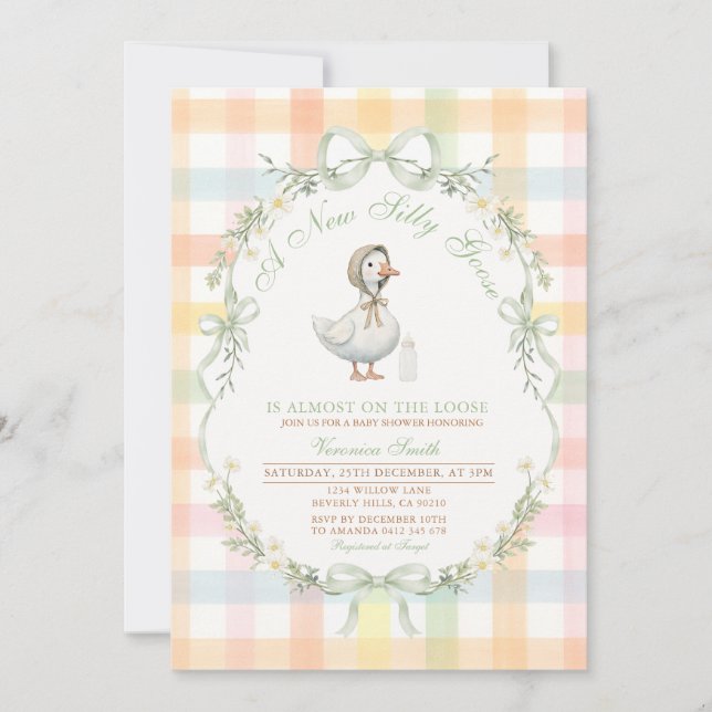 Convite Pastel Gingham Silly Goose Baby SHOWER Invitation (Frente)