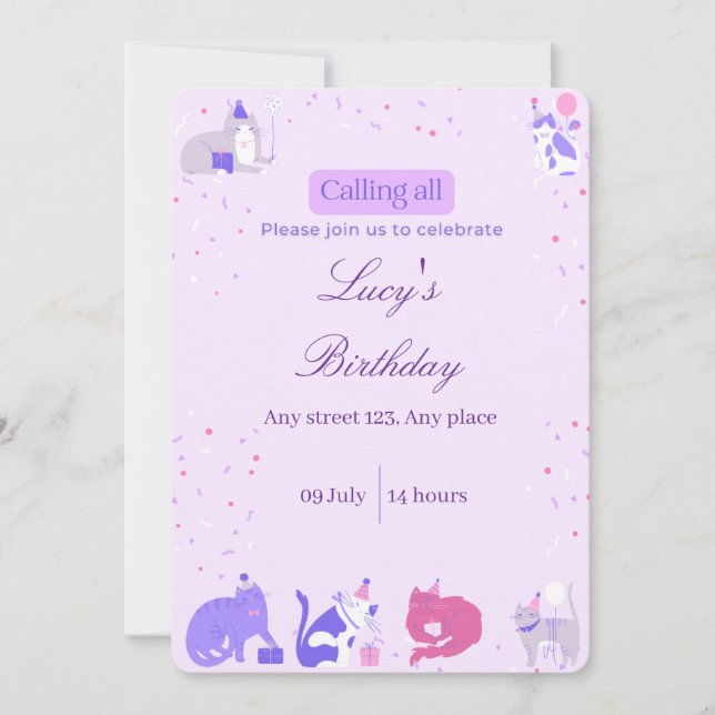 Convite Pastel Girl Cat Invite (Frente)