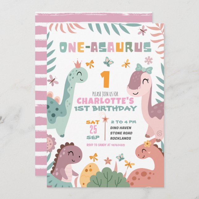 Convite Pastel Girl Dinosaur 1st Birthday Invitation (Frente/Verso)