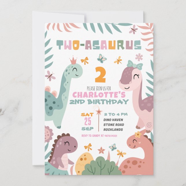 Convite Pastel Girl Dinosaur 2nd Birthday Invitation (Frente)