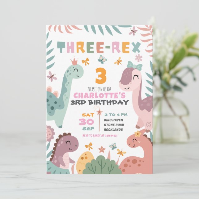 Convite Pastel Girl Dinosaur 3rd Birthday Invitation (Em pé/Frente)