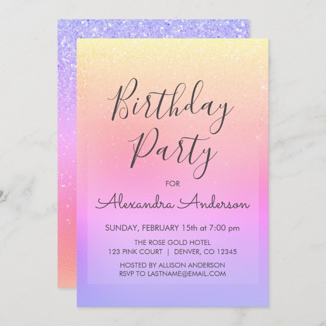 Convite Pastel Girly Glitter Sparkle Qualquer Idade Aniver (Frente/Verso)