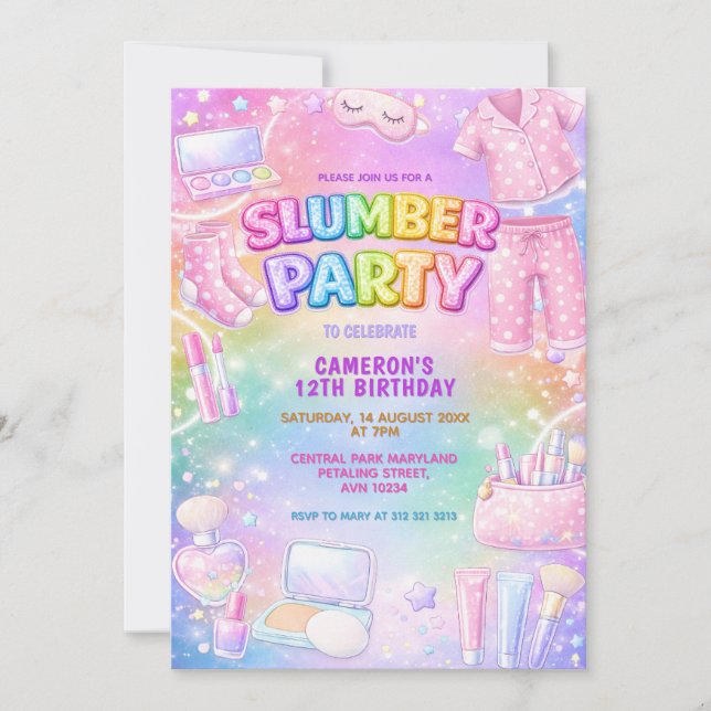 Convite Pastel Glitter Girls Slumber Party Birthday  (Frente)