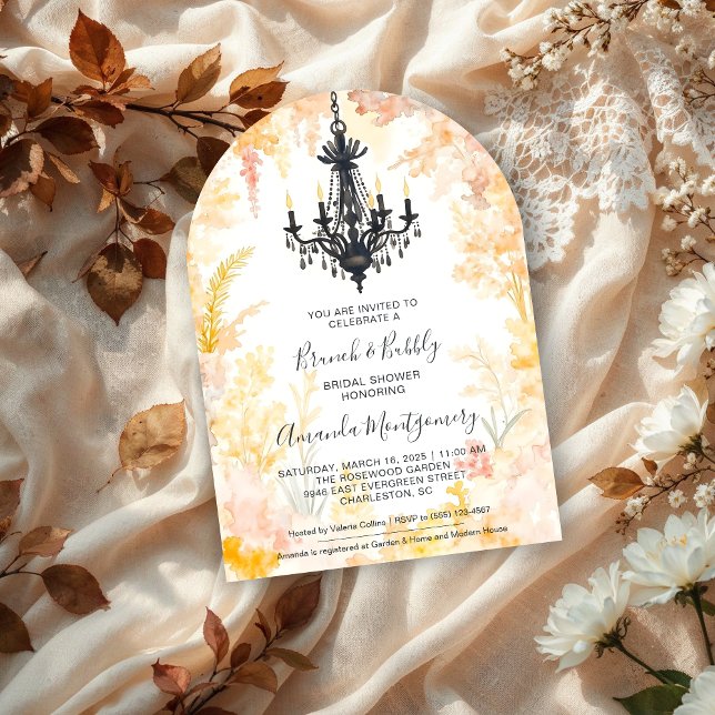 Convite Pastel Gold Chic Floral Chandelier Bridal Shower (Pastel Gold Chic Elegant Floral Vintage Chandelier Bridal Shower Wedding Invitations Cards. )