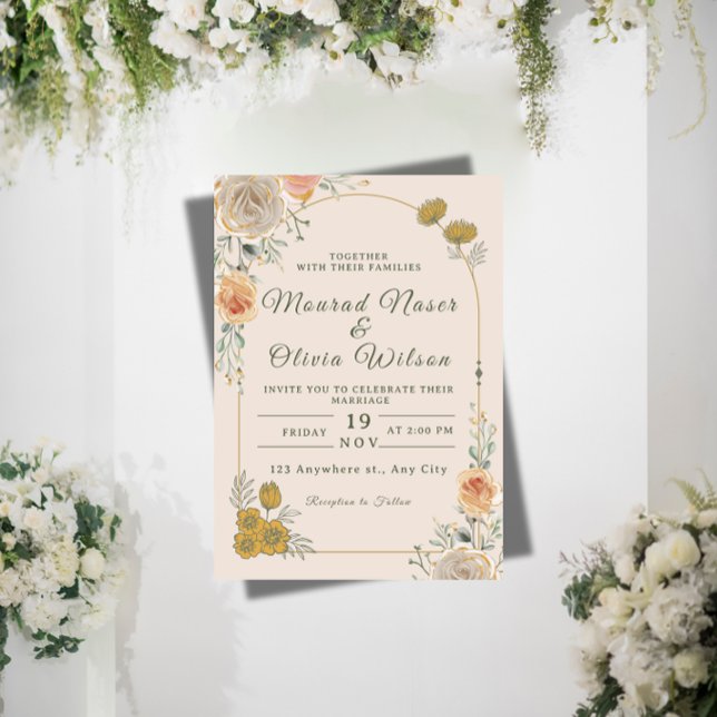 Convite Pastel & Gold Floral Wedding Invitation (Criador carregado)