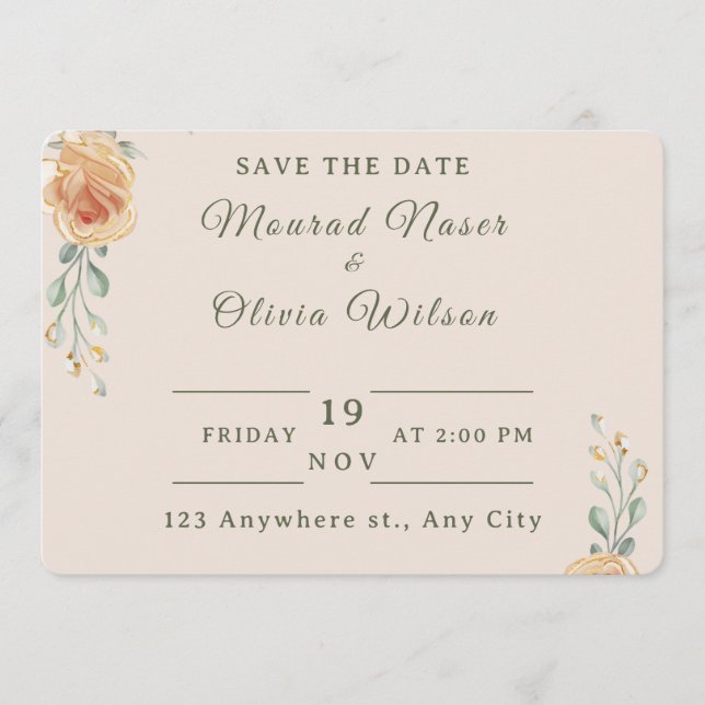 Convite Pastel Gold Floral Wedding Save the Date Card (Frente)