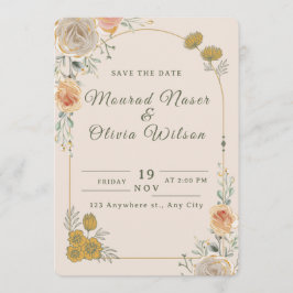Convite Pastel Gold Floral Wedding Save the Date Card