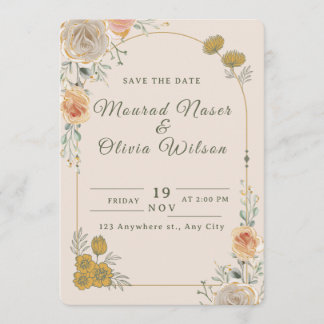 Convite Pastel Gold Floral Wedding Save the Date Card