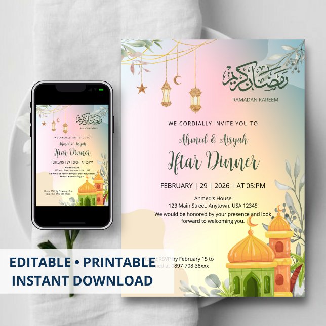 Convite Pastel Gradient Mosque Iftar Dinner Invitation (Criador carregado)