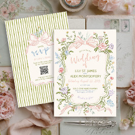 Convite Pastel Hand Drawn Vintage Floral Bow Ivory Wedding