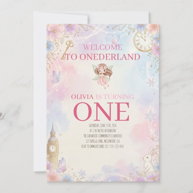 Convite Pastel Holanda Conto de Fadas Primeiro Aniversário (Frente)
