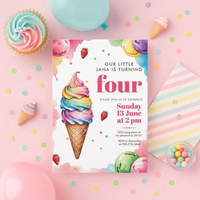 Convite Pastel Ice Cream Cone Birthday | Girl’s Sweet  (Criador carregado)