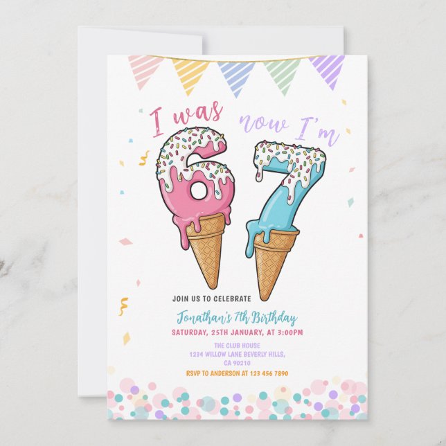 Convite Pastel Ice Cream Six Seven Birthday Party Glitter (Frente)