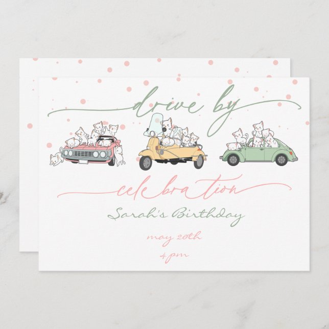 Convite Pastel Kawaii Cats Surprise Celebration Parade (Frente/Verso)