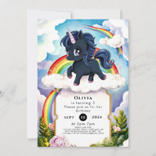 Convite Pastel Kids Black Unicorn Aniversário
