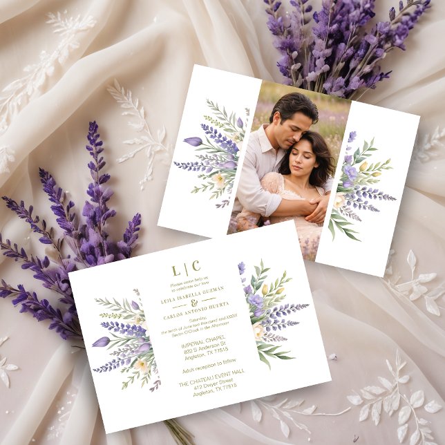 Convite Pastel Lavender Flowers & Greenery Elegant Spring  (Pastel Lavender Flowers & Greenery Elegant Spring Photo Wedding Invitations Cards.)