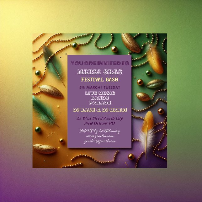 Convite Pastel Mardi Gras Festival Bash Feather Miçangas D (Pastel Mardi Gras Festival Bash Feather Beads Gold Invitation)