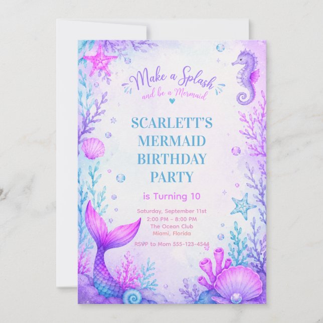 Convite Pastel Mermaid Birthday Invitation Purple (Frente)