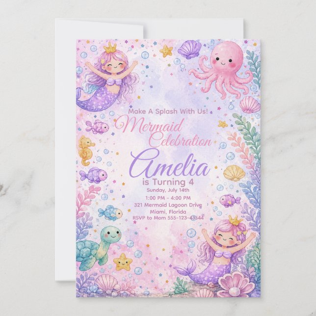 Convite Pastel Mermaid Celebration Invitation Editable (Frente)