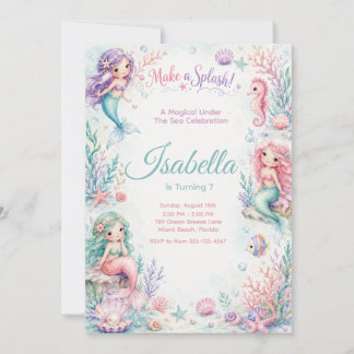 Convite Pastel Mermaid Coral Garden Birthday