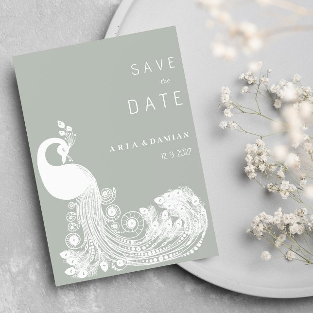 Convite Pastel mint branco pavão real Salve a data (Pastel mint white royal peacock chic Save the Date)